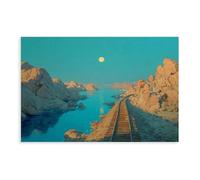 QIOTBVV Moonlit Coastal RailwayCanvas Poster Bedroom Decor Landscape Office Room Decor Gift08x12inch(20x30cm)