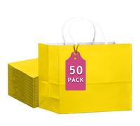 qiqee 50-Packs Bright Yellow Paper Gift Bags with Handles Bulk 12.6"x4.3"x10" Wide Large Size Party Favor Bags Multiple Uses
