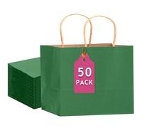 qiqee 50-Packs Kraft Deep Green Paper Gift Bags with Handles Bulk 12.6"x4.3"x10" Wide Large Size Party Favor Bags Multiple Uses
