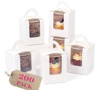 qiqee Auto-pop White Cupcake Boxes Individual Disposable 3.7"x3.7"x4.5" 200pcs Cupcake Disposable Single Box with Window