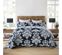 Qiqiong King Quilt Set, 100% Cotton Floral Quilted Bedspread King Size Farmhouse Paisley Reversible Quilt Bedding Set Lightweight Comforter Set Bed Coverlet for All Season, Navy Blue White 3-Piece