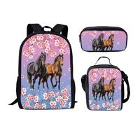 QIQISE Cherry Blossom Horse Print 3 Pcs Kid Backpack School Bags Set Cute 3 in 1 Backpack Schoolbag with Lunch Box & Pencil Case for Girls