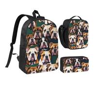 QIQISE Cute English Bulldog Print Convenience Backpack Set Lunch Bag Pen Case Teens Pencils Studying Supplies Snacks