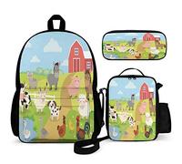 QIQISE Farm Animals Kids Backpack Set 3 Piece Back to School 16 Inch Book Bag with Lunch Bag Pencil Case for Boys Girls 1-6th Grade