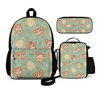 QIQISE Monkey Pattern Kids Backpack Set 3 Piece Back to School 16 Inch Book Bag with Lunch Bag Pencil Case for Boys Girls 1-6th Grade