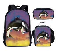 QIQISE Orca Killer Whale School Backpack for Girls with Lunch Bags and Pencil Case for School,Travel Daypack Set 3 Pack Ocean Theme Purple