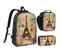 QIQISE Paris Eiffel Print Convenience Backpack Set Lunch Bag Pen Case Teens Pencils Studying Supplies Snacks