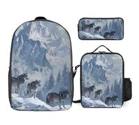 QIQISE Snow Mountain Wolf 3PCS Laptop Backpack Set 17 Inch Lightweight Daypack with Lunch Box Pencil Case for Men Women