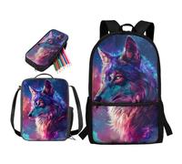 QIQISE Wolf Galaxy Printed Backpack Set with Insulated Lunch Box for Kids,17 Inch Backpack and Pencil Case Set for Kindergarten Elementary,Lightweight School Bag for Girls Boys Teens