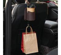 Qirc Car Seat Back Cup Holder, Multifunctional Leather Auto Storage Organizer with Headrest Hook, 3 in 1 Universal Car Hanging Drink Holder for Purse Phone Handbag Grocery Bags (Brown)