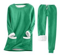 Qiribati Fleece Pajamas Women Casual Sherpa Lined Fuzzy Pajama Fall Winter Outfits Warm Cozy Thermal Lounge Set (Green,S)