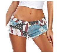 Qiribati Women Ripped Low Waisted Denim Shorts Flag Print Stretch Jean Shorts 2022 Raw Hem Shorts Blue
