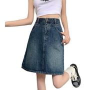 Qiribati Women's High Elastic Waist Denim Skirt Loose Fit Solid Color Jean Skirts A-line Knee-Length