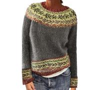 Qiribati Women's Knitted Fair Isle Sweater,Fall Winter Vintage Casual Loose Long Sleeve Crewneck Warm Pullover Top for Christmas (Gray,L)