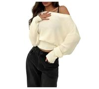 Qiribati Women's Off The Shoulder Sweater Long Sleeve Knit Pullover Cinched Waist Tops Trendy Fall Outfits (White,S)