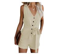 Qiribati Womens Summer Short Jumpsuits Sleeveless Button Belted Playsuit V Rompers with Pocket Beige