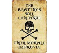 QIRIUS Metal Sign The Beatings Will Continue Until Morale Improves，Pirate Slogan Tin Signs Wall Decor Fun Decoration for Home Kitchen Bar Vintage Retro Plaque Posters 12x8 Inch