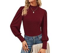 Qirno Womens Mock Neck Puff Long Sleeve Tops Casual Loose Solid Basic T Shirt Button Cuffs Pullovers Shirts Blouse, Burgundy Polka Dots, L