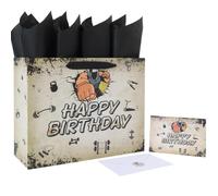 Qirrmiy 13" Large Happy Birthday Gift Bag Set with Handles, Greeting Card, Tissue Papers and Stickers for Men Boys, Husband, Father, Birthday Design, 1 Pcs