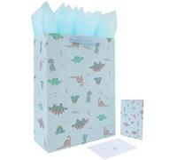 Qirrmiy 16.5'' Extra Large Dinosaur Gift Bag Set with Handles, Greeting Card, Blue Tissue Papers and Stickers for Boys Kids Teens for Birthday, Baby Shower, Baby Boy, Dinosaur-themed Design, 1 Pcs