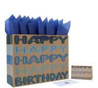 Qirrmiy 16.5" Extra Large Kraft Blue Happy Birthday Gift Bag Set with Handles, Greeting Card, Tissue Papers and Stickers for Men Boys Kids Teens, Words Design, 1 Pcs
