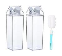 QISF 2 Pack Milk Carton Water Bottle 1000ml, Clear Square Milk Bottles, Portable Juice Container, Reusable Creative Eco Leakproof With Brushes for Camping Activities Outdoor Sports Travel