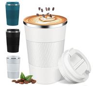 qisheng Coffee Travel Mug, 380ml Insulated Coffee Cup with Leakproof Lid- Reusable Cups Stainless Steel Double Wall Vacuum Thermal Mug for Hot and Cold Water Tea - White