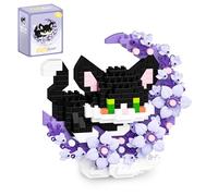 QISHOUTING Cat Micro Building Blocks with Flowers,Flowers Mini Building Set,Animal Micro Building Kits,Home Office Décor Gift for Adults and Teens(Black)