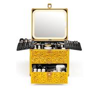 Qislee Makeup Box with Drawer and A Detachable Lighted Mirror, Waterproof Travel Train Case, Cosmetic Organizer and Makeup Suitcase with Adjustable Dividers, Magnetic LED Mirror (Luxury Gold)