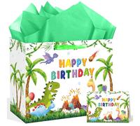 QISOLIY Dinosaur Birthday Gift Bag for Kids Boys Happy Birthday Gift Bag with Tissue Paper and Greeting Card, Cute Dino Party Favor Bag for Children, Party Present Wrapping Bag with Handle