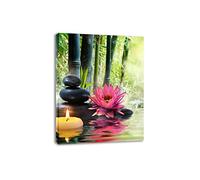 QITEX Pictures for Living Room Bathroom Decor Wall Art Pictures Pink Flower Zen Stone Candle Print on Canvas Wall Art for Living Room Wooden Painting 40x60cm No Frame