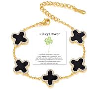 Qitian 18K Gold Four Leaf Clover Bracelet for Women Black Lucky Link Clover Bracelets, Trendy Bracelets Set Jewelry Gifts for Women., 8.8in, Stainless Steel, Cubic Zirconia, 8.8in, Stainless Steel,