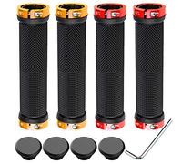 QitinDasen 2 Pairs Bike Handlebar Grips, Non-Slip Rubber Bicycle Handle Grips with Aluminum Double Lock, Bike Handle Protector for MTB BMX (Red + Golden)