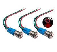QitinDasen 3Pcs Premium 12mm Momentary Push Button Switch, 12V / 24V 3A Car Ignition Starter Switch, Red LED Light Stainless Steel IP66 Waterproof Switch with Socket Plug Wire