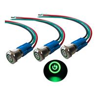QitinDasen 3Pcs Premium 12mm Self-Locking Latching Push Button Switch, 12V / 24V 3A Car Ignition Starter Switch, Green LED Light Stainless Steel IP66 Waterproof Switch with Socket Plug Wire