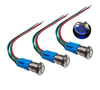 QitinDasen 3Pcs Premium 12V/24V 3A Momentary Push Button Switch, 12mm Car Ignition Starter Switch, Blue LED Light Stainless Steel IP66 Waterproof Switch with Socket Plug Wire
