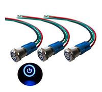QitinDasen 3Pcs Premium 12V/24V 3A Self-locking Latching Push Button Switch, 12mm Car Ignition Starter Switch, Blue LED Light Stainless Steel IP66 Waterproof Switch with Socket Plug Wire