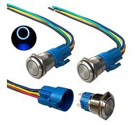 QitinDasen 3Pcs Premium 12V/24V 5A Momentary Push Button Switch, 19mm Car Ignition Starter Switch, Blue LED Light Stainless Steel IP67 Waterproof Switch with Socket Plug Wire