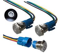 QitinDasen 3Pcs Premium 12V/24V 5A Self-locking Latching Push Button Switch, 19mm Car Ignition Starter Switch, White LED Light Stainless Steel IP67 Waterproof Switch with Socket Plug Wire