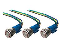 QitinDasen 3Pcs Premium 19mm Momentary Push Button Switch, 12V / 24V 5A Car Ignition Starter Switch, Red LED Light IP67 Waterproof Metal Switch with Socket Plug Wire