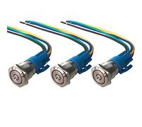 QitinDasen 3Pcs Premium 19mm Self-Locking Latching Push Button Switch, 12V / 24V 5A Car Ignition Starter Switch, Red LED Light IP67 Waterproof Metal Switch with Socket Plug Wire