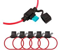 QitinDasen 5Pcs Premium 12V / 24V Small In-Line Black & Red PVC ABS Tin-Plated Zinc Blade Fuse Holder Kit with 16 AWG Wire Harness, 15Pcs Mini Blade Fuses, 5Pcs Wire Ties and 1Pcs Fuse Extractor