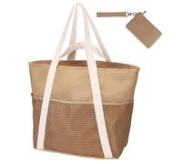 QITIXI:OU Women's Beach Bag, Large Brown Beach Bag with a Khaki Canvas Wallet, Sauna Bag, Large Waterproof Mesh Swimming Bag, Family Foldable Beach Tote Bag, Shopper