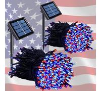 QITONG 4th of July Decorations Red White and Blue Lights, 2 Pack Each 66ft 200 LED Solar String Light Outdoor Waterproof, 8 Modes Patriotic Lights for Independence Memorial Day Yard Garden Tree Decor