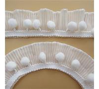 Qiuda 2 Meters 40mm Elastic Ruffled Pompon Ball Lace Ribbon White Black Line Edged Trimmings Embroidered Applique Fabric Patchwork for Sewing Craft Children Baby Show Dress Decoration (White)