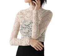 QiuDumo Women's Elegant Floral Lace Top Long Sleeve Mock Neck Casual Blouse, Apricot & Without Cami, M