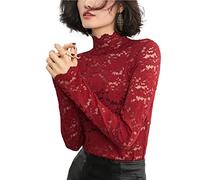 QiuDumo Women's Floral Lace Top Sexy Long Sleeve Mock Neck Casual Shirt Going Out Blouse, Red & Without Cami, L