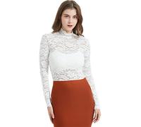 QiuDumo Women's Floral Lace Top Sexy Long Sleeve Mock Neck Casual Shirt Going Out Blouse, White, M