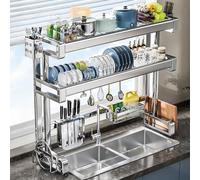 QIUHTR 2 Tier Over The Sink Dish Drying Rack for Kitchen Countertop,Stainless Steel Dish Drying Racks with Removable Cutlery Holder,Saving Space,for Plates,Bowls,Pots(97 * 80cm)
