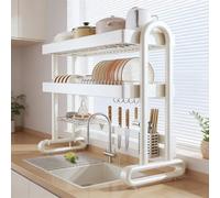 QIUHTR Over The Sink Dish Drying Rack with Utensils Flatware Holder Set,Space-Saving 2 Tier Dish Drying Rack,Stainless Steel Racks for Kitchen Counter,for Dish/Plate/Bowl/Cup